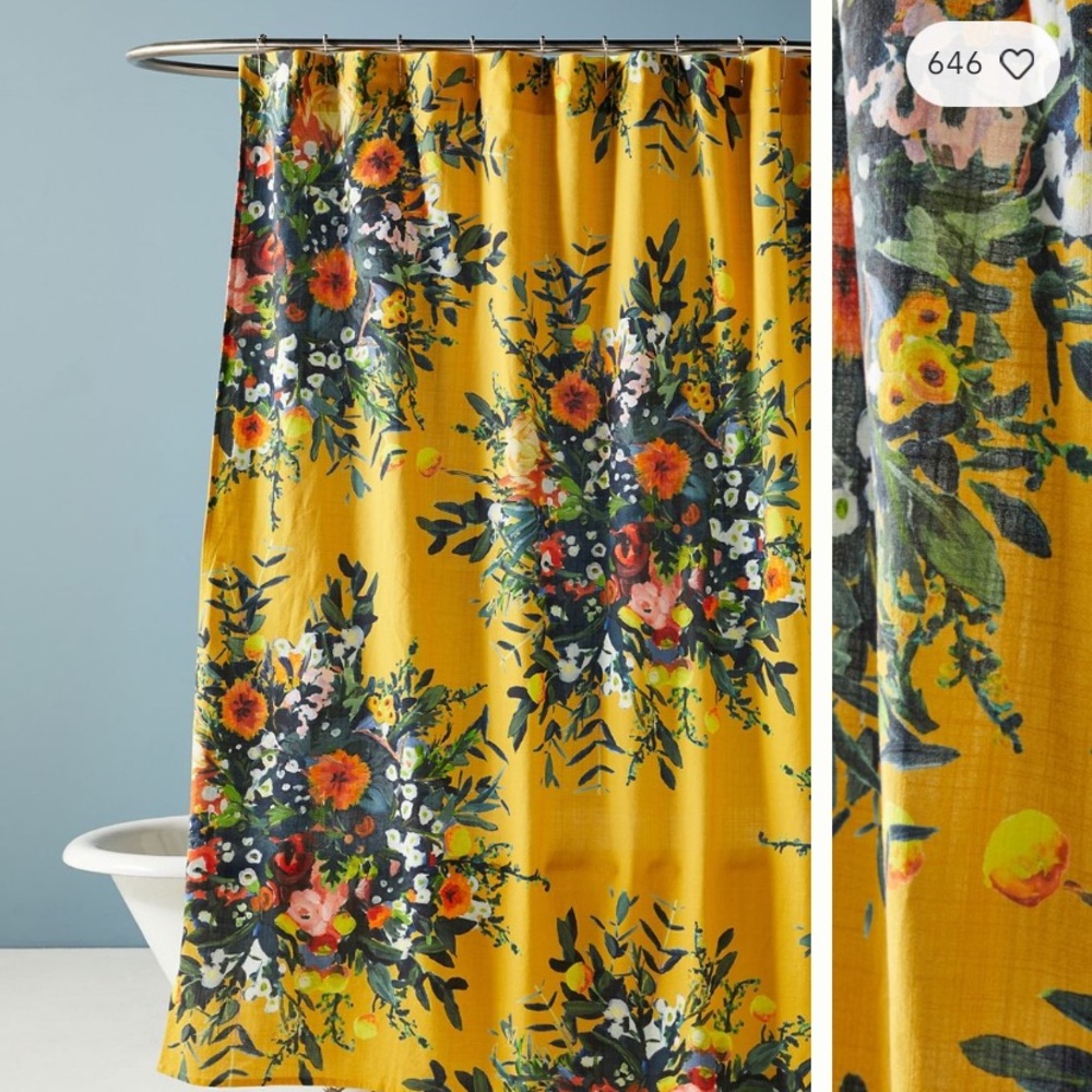 Anthropologie Marcene Bouquet Cotton Floral Shower Curtain Yellow 72x72